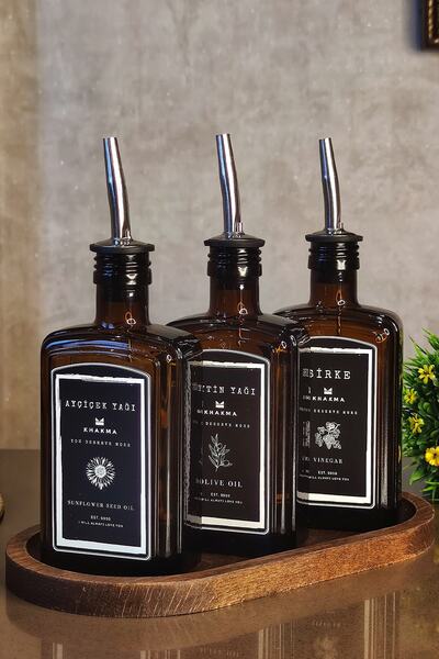 KHAKMA Oval Ahşap Stantlı Amber Zeytinyağı Sıvıyağ Sirke Şişesi Queen Yağdanlık 3lü Set Csiyah300ml