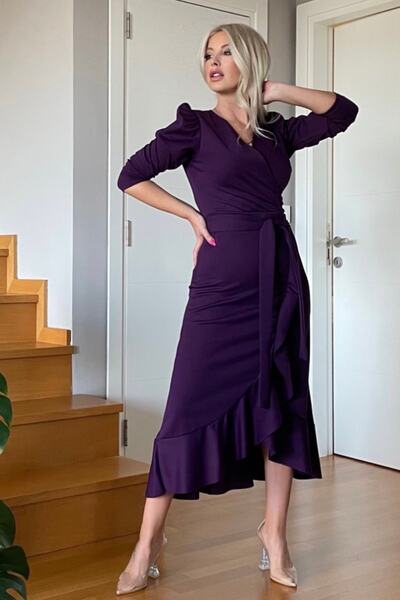 JANES Rochie din crepon cu curea lungă cu mâneci lungi