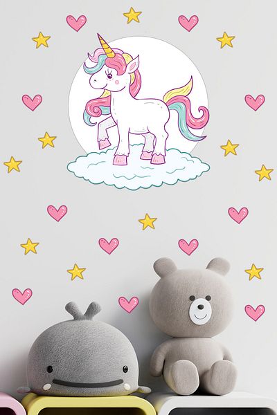 Tilki Dünyası Cute Unicorn on White Cloud Pink Hearts Yellow Stars Kids Room Wall Sticker