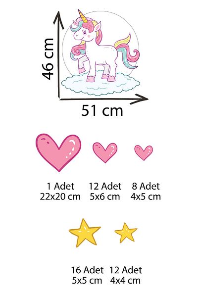 Tilki Dünyası Cute Unicorn on White Cloud Pink Hearts Yellow Stars Kids Room Wall Sticker