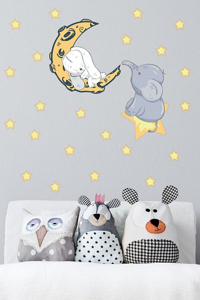 Tilki Dünyası Rabbit Sleeping on the Moon and Elephant on the Stars and Yellow Stars Kids Room Wall Sticker