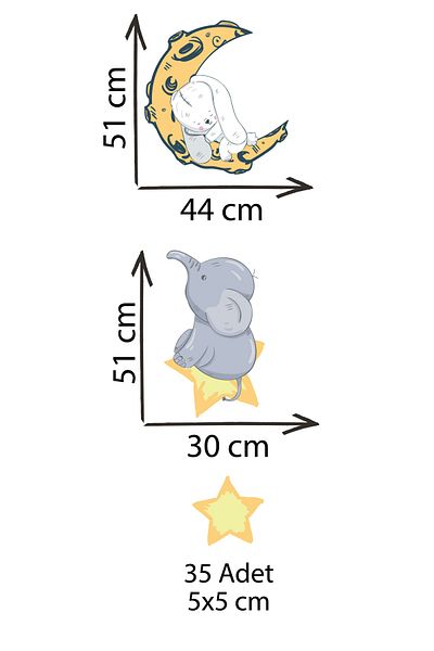 Tilki Dünyası Rabbit Sleeping on the Moon and Elephant on the Stars and Yellow Stars Kids Room Wall Sticker