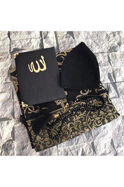 Ensar Siyah Damat Bohçası Set, Erkek Namaz Seccadesi, Tesbih, Takke Set (VELVET)