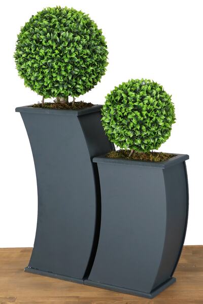 Yapay Çiçek Deposu Kavisli Ahşap Saksıda Yapay Top Şimşir Ağacı 2li Set