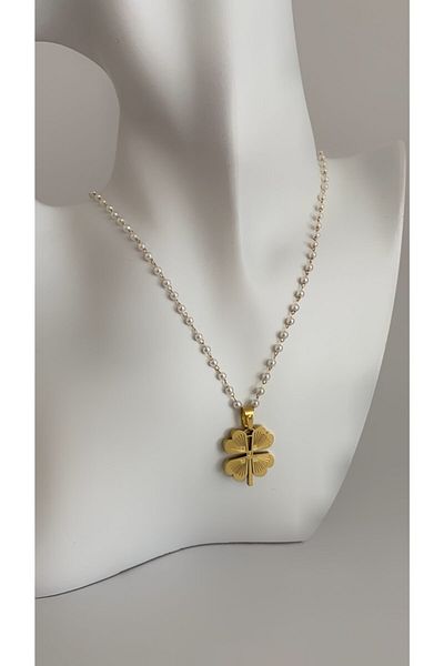 Âlâ Atelier Gold Colored Steel Necklace - Anti-Tarnish, Anti-Fading, Pearl Chain and Clover Pendant