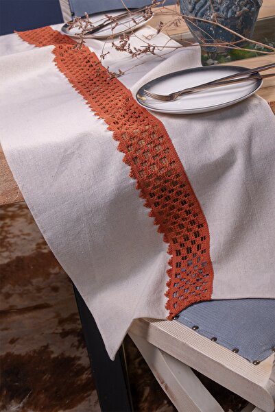 vivamaison Tile Tile 42x150 Cm Linen Runner Table Cloth with Lacy Middle