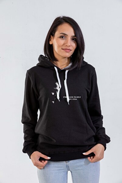 Raf Coll Ünisex Siyah Atatürk 10 Kasım Dijital Baskılı Kapüşonlu Sweatshirt