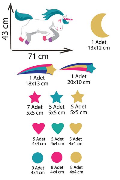 Tilki Dünyası Cute Unicorn Colorful Stars and Hearts Kids Room Dvuar Sticker