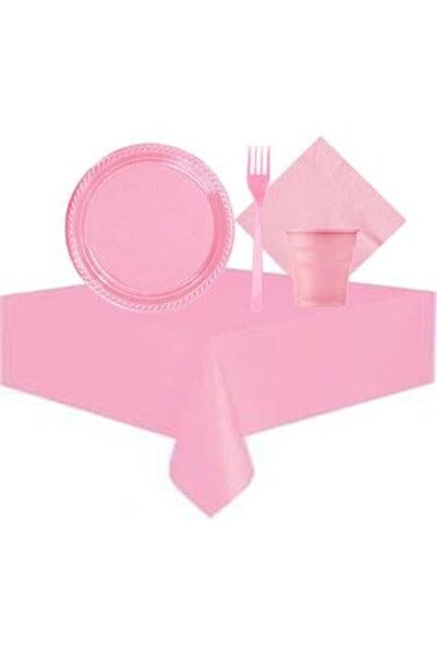 Party Time Plastik Kullan At Tabak Bardak Çatal Peçete Masa Örtüsü Seti Pembe