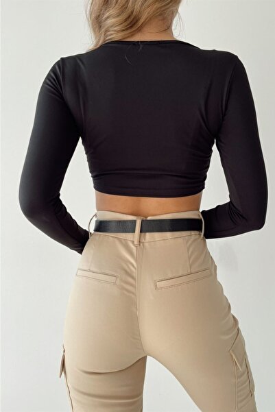 Eka Bluză neagră Scuba Crop cu decolteu în U pentru damă 0956-1185