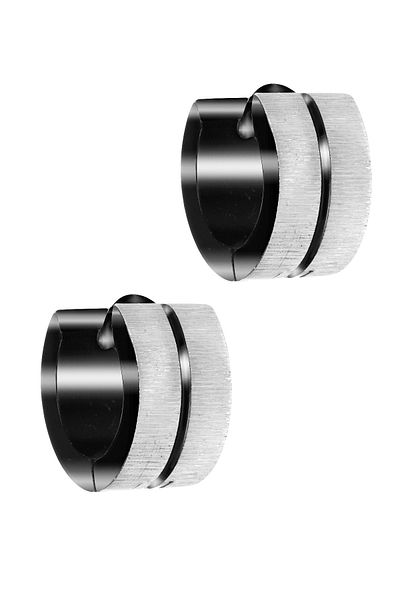 LABALABA Men's Silver Color Black Stripe Detailed Steel Earrings