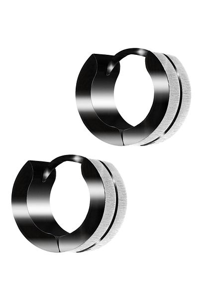 LABALABA Men's Silver Color Black Stripe Detailed Steel Earrings