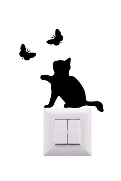 NT Handmade Siyah Ahşap Kedi Ve Kelebek Priz Çerçevesi Kenarı Salon Oturma Ya...