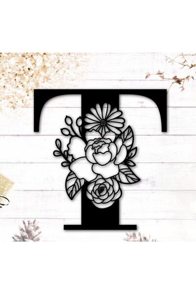 Black Wooden Flower Embroidered T Letter Wall Decor 30x30 Cm For Living Room/ Bedroom Mdf Table