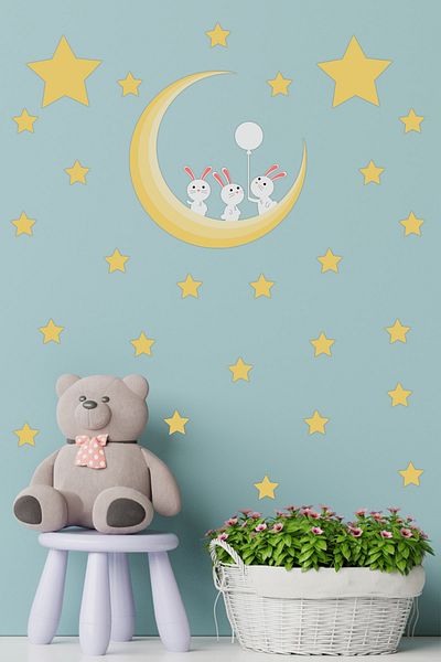 Tilki Dünyası Cute Rabbits on the Moon Kids Room Wall Sticker