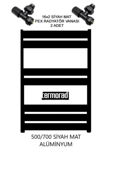 ULUMAK Mat Siyah Alüminyum Havlupan 50*70 Cm Termorad Petsa Slim +2 Adet 16x2 Pex Radyatör Havlupan Vanası