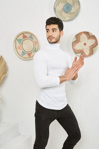 CATSPY White Lycra Men's Turtleneck Sweater