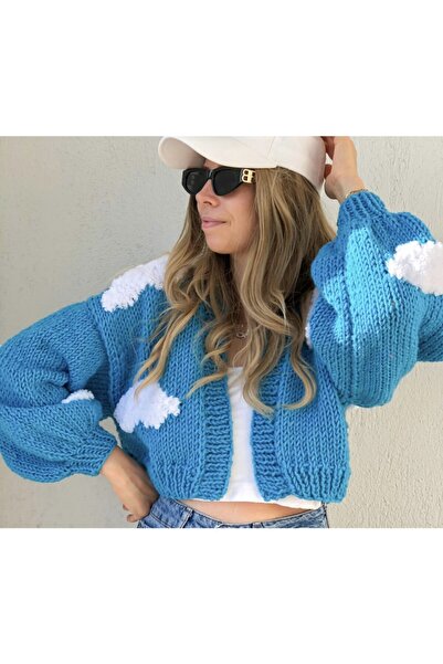 ORGANICMIRA Kadın Bulutlu Açık Mavi Oversize Crop Hırka