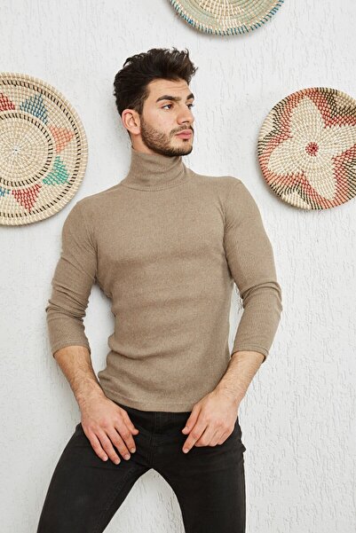 CATSPY Men's Milk Brown Lycra Turtleneck Sweater
