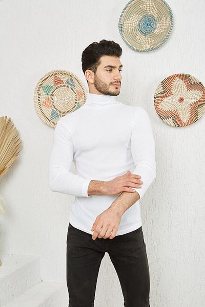 CATSPY White Lycra Men's Turtleneck Sweater
