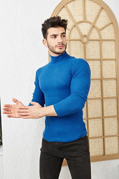 CATSPY Men's Saks Blue Turtleneck Knitwear Lycra Sweater