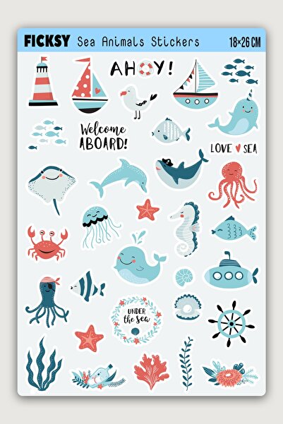 Ficksy مجموعة ملصقات كائنات بحرية لطيفة - 34 قطعة من ملصقات الأسماك والسحلية ...