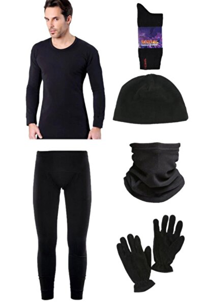 bejamonti Set de lenjerie termică neagră de lux, căciulă polară, guler pentru...