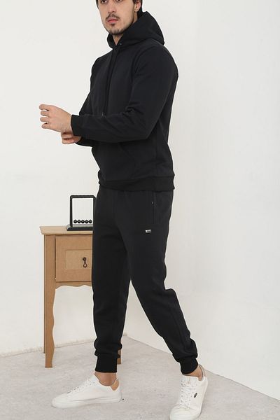 3MODA Set de trening cu glugă pentru bărbați, negru, cu 3 fire, din stofă groasă