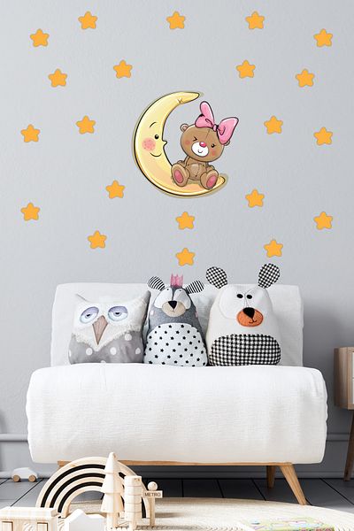 Tilki Dünyası Cute Teddy Bear on the Moon and Yellow Stars Kids Room Wall Sticker