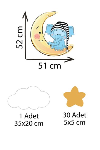 Tilki Dünyası Cute Blue Elephant White Cloud Sleeping on the Moon Kids Room Wall Sticker