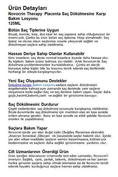 Novocrin Placenta Saç Dökülmelerine Karşı Bakım Losyonu 125 ml