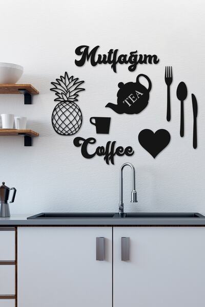 NT Handmade Siyah Ahşap Mutfağım 9 Parça Duvar Dekoru Mutfak Cafe Için Lazer ...