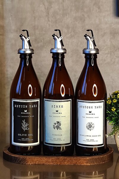 KHAKMA حامل خشبي بيضاوي، زيت زيتون كهرماني، زجاجة خل، وعاء زيت كوين، مجموعة من 3 قطع Uzcolr500ml