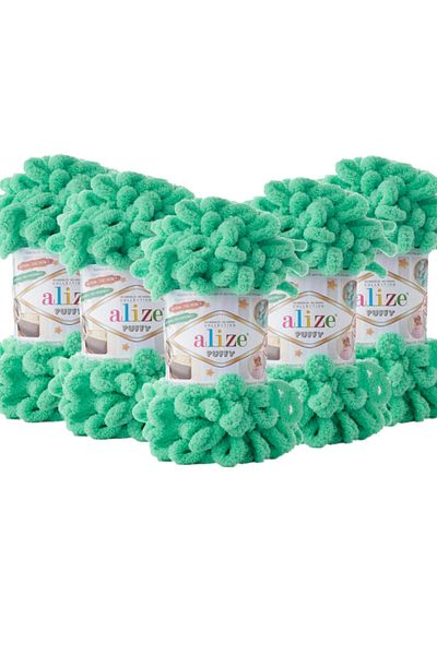 Alize Puffy Hand Knitting Yarn 5 Pack - 741 Cyan - 100 Gr. 9 Mt. Finger Knitting Yarn