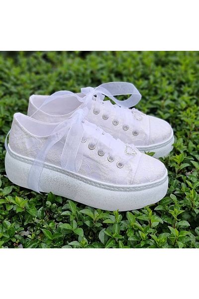 Ayakkabı Tutkusu Stilo ® Pantofi de Mireasa Satin Alb cu Broderie Dantela 5cm