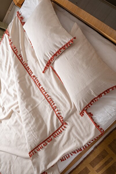 vivamaison Keten Kiremit Ponponlu Çift Kişilik Nevresim Yastık Seti