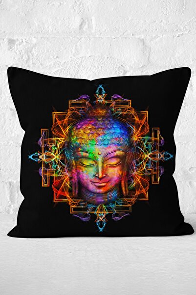 Nish & Royal Neon Buddha Patterned Black Throw Pillow Cover on the Floor