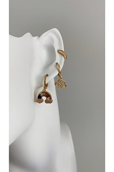 Âlâ Atelier Kararmaz Solmaz Altın Kaplama Taşlı Gökkuşağı Bulut Figürlü 3'lü Küpe Seti Gold