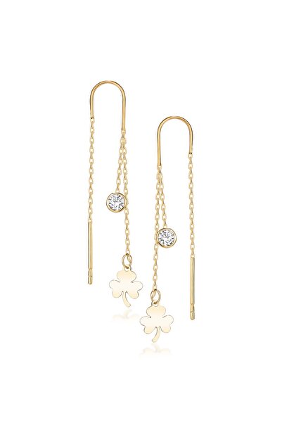 SARIASLAN Gold Tek Taşlı 3 Yapraklı Yonca Zincir Gümüş Küpe