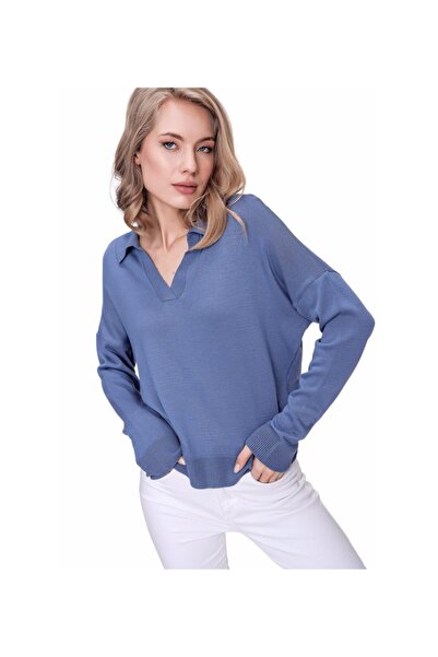 BEŞİR GİYİM Kadın Indigo Mavi Polo Yaka Basıc Kazak