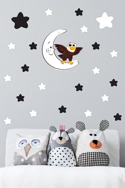 Tilki Dünyası Cute Eagle On The Moon Black And White Stars Kids Room Wall Sticker