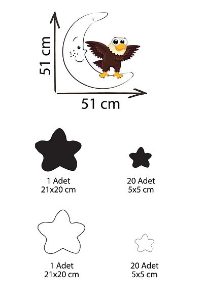 Tilki Dünyası Cute Eagle On The Moon Black And White Stars Kids Room Wall Sticker