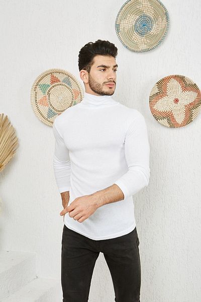 CATSPY White Lycra Men's Turtleneck Sweater