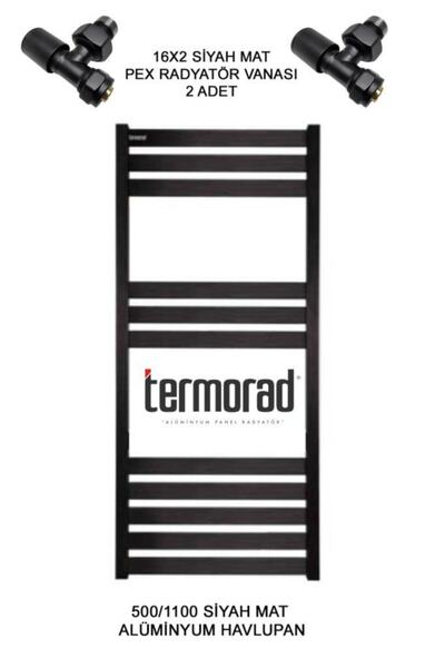 ULUMAK Mat Siyah Alüminyum Havlupan 50*110 Cm Termorad Petsa Slim +2 Adet Radyatör Havlupan Vanası 16x2 Pex
