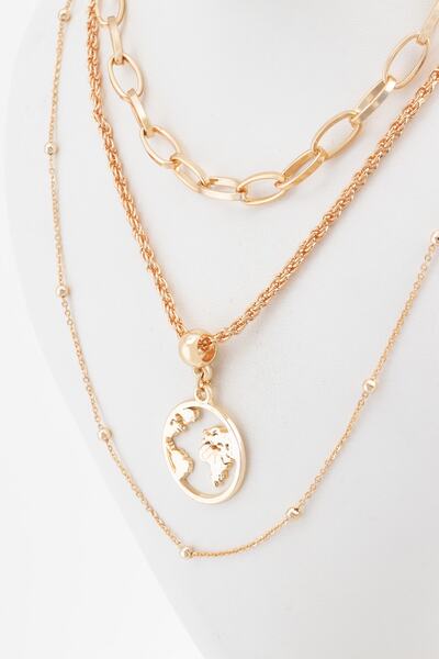 Sortie Aksesuar Çelik Dünya Figürlü Kombin Kolye 001