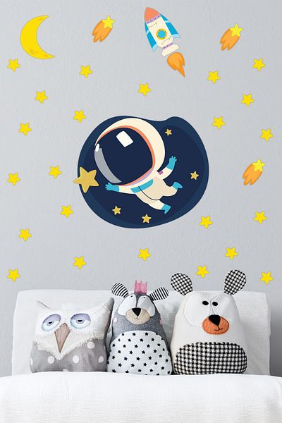 Tilki Dünyası Cute Astronaut Spacecraft And Stars Kids Room Wall Sticker