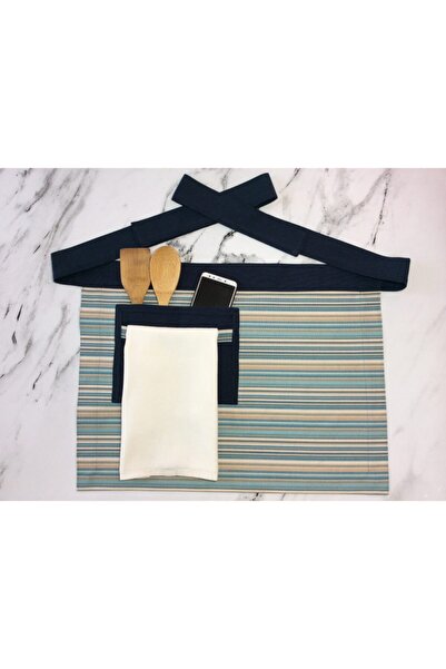 Fancyagnes مريلة مطبخ مصنوعة يدويًا بنمط مخطط وجيب مزدوج مع تفاصيل تعليق المناشف