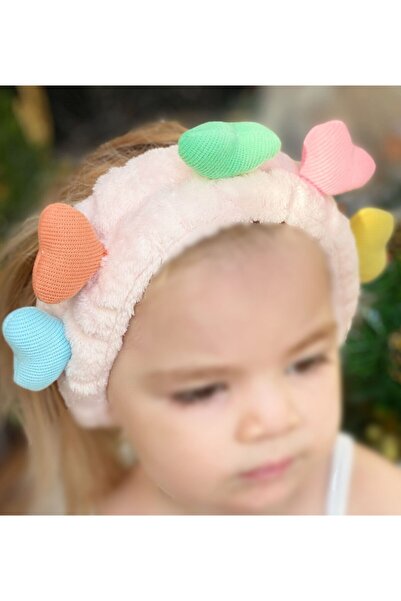 QUEEN AKSESUAR Drăguț catifelat, pufos, inimioare colorate, bentiță pentru păr pentru bebeluși, bandană cu inimă, roz pudrat