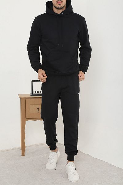 3MODA Set de trening cu glugă pentru bărbați, negru, cu 3 fire, din stofă groasă