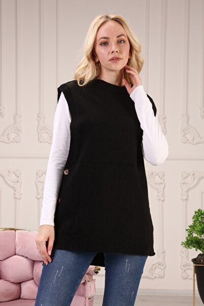 MA ananas Women's Button Detailed Casual Black Sweater